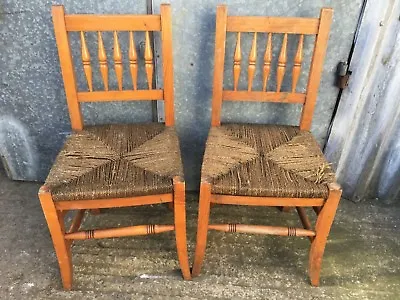 £65 • Buy Useful Old Pair Of Pine Spindle Back Grass Seat Kitchen Chairs 86cm High