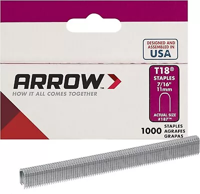 Arrow 187 Genuine T18 Staples 7/16  Leg Length 3/16  Crown Size 1000 Pack • $5.95