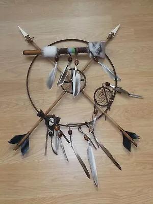 Vintage Navajo Medicine Wheel Dreamcatcher Arrows Peace Pipe Feathers Bone Wood • $195