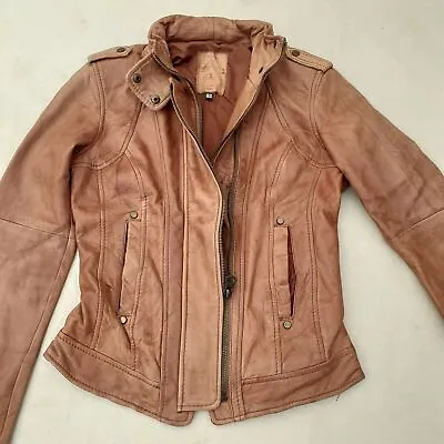 $42.68 • Buy Bershka Leather Fitted Bikers Jacket Women's Small Tan Soft Feeling Zip Details