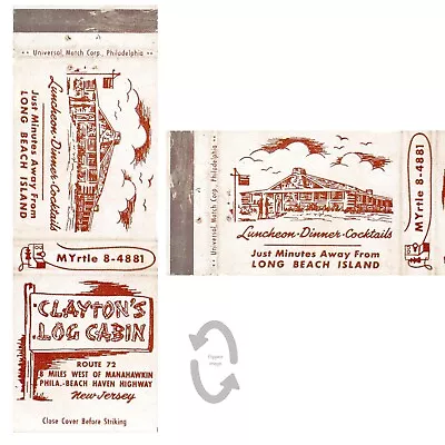 Vintage Matchbook Cover Claytons Log Cabin Restaurant Manahawkin Rte 72 NJ 1940s • $8.49