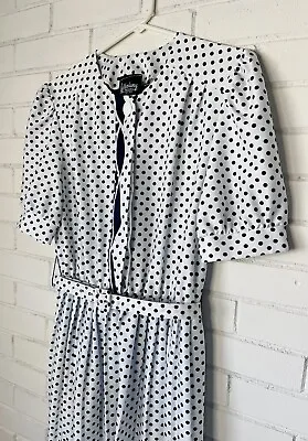 Vintage 80s Whirlaway Frocks Blue White Polka Dot Belted Dress Scarf Size 10P • $19.99