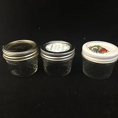 $9.99 • Buy Lot Of 3 Quilted Jelly Jars 4 Oz.  1-Ball; 2-Unmarked---Mixed Match Lids