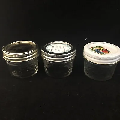 Lot Of 3 Quilted Jelly Jars 4 Oz.  1-Ball; 2-Unmarked---Mixed Match Lids • $10.99