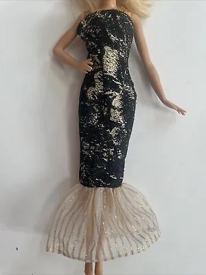 Vintage Barbie Doll Black And Gold Mermaid Style Dress Gown Tule Ruffles • $11.38