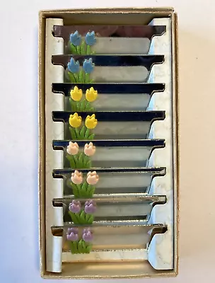 Vintage Boxed Set 8 Mirror Glass Place Cards W/ Felt Tulip Flowers For Table • $10