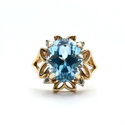 14k Gold Natural Swiss Blue Topaz Diamond Ring Maltese Cross March Birthstone • $379.05