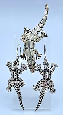 VTG Signed 925 Silver Lizard Reptile Pendant Brooch Earrings Hand Crafted 14g • $44.90