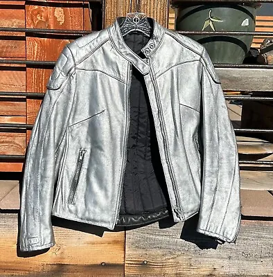 Silver Metallic Heavy Leather Motorcycle Jacket Vintage Punk Women's M • $160