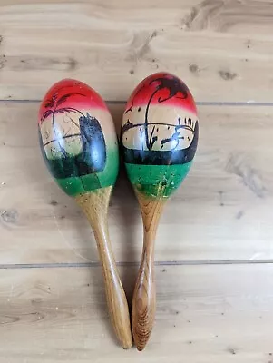 Two Tri-Color Wooden Mexican-Style Maracas Pair Shakers Music Rhythm Mexico • $6.97