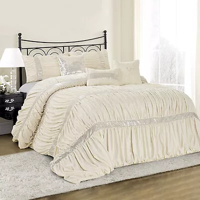 HIG 7 Piece Classica Chic Ruched Pleated Ivory Comforter Set In Queen King Size • $64.99