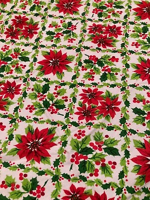 $12.99 • Buy VINTAGE CHRISTMAS Tablecloth PRINT Poinsettias Oval 67  X 47 