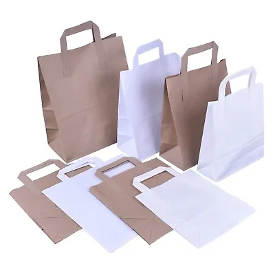 Brown & White Kraft Paper Sos Food Carrier Bags With Handles Party Takeaway Etc • £4.98