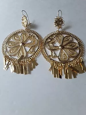 Round 18 K Gold Plated  Mexican Handcrafted Filigree Chandelier Earrings 3  • $35