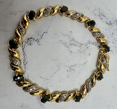 $74 • Buy Sapphire & Natural Diamond Sterling Silver With Gold Vermeil Tennis Bracelet