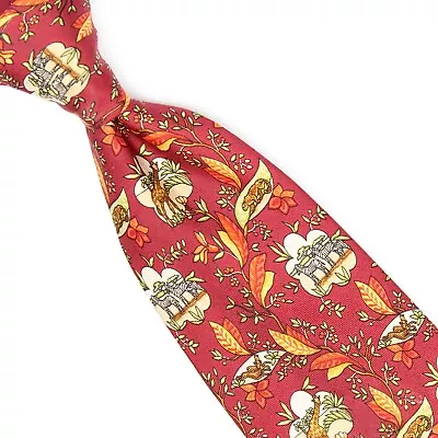 Salvatore Ferragamo Mens Silk Necktie Maroon Gold Orange Safari Animal Print Tie • $67.47