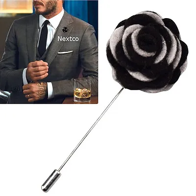 Men's Lapel Flower Camellia Boutonniere Stick Brooch Pin  Shirt Suit Black  Grey • £3.49