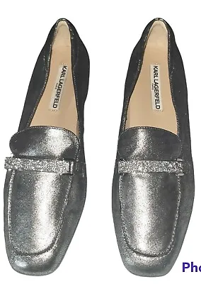 Karl Lagerfeld Paris Quigley Silver Metallic Loafer Flats Womens Sz 10 Embellish • $39.99