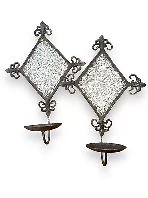 Mosaic Mirrored Metal Wall Sconces Candleholders FLEUR DE LIS 15x9 • $25.99