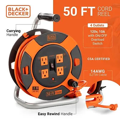 Black+Decker 50 FT Outdoor 4 Outlet Retractable Ext Cord W 14 AWG SJTW • $39.99