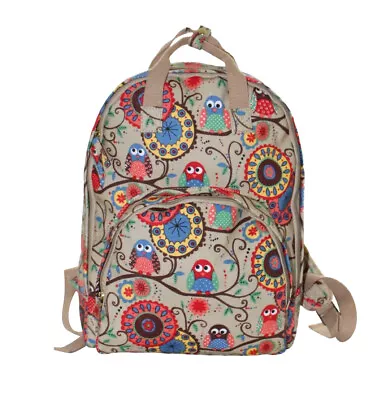 The Olive House® Womens Owl Print Matte Oilcloth Floral Rucksack Backpack Beige • £19.99