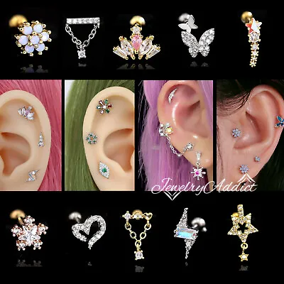 Gem Drop Ear Cartilage Climber Helix Ring Bar Stud Cuff Chain Piercing Earring • $7.74
