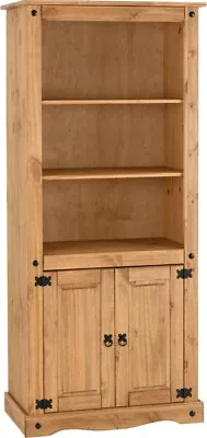 Corona 2 Door Display Unit Bookcase Distressed Waxed Pine With 3 Shelves • £152.45