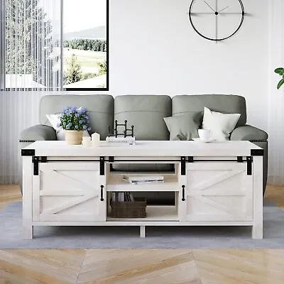 48Inch Modern Farmhouse Coffee Table  With Sliding Barn Doors  Storage Cabinets • $161.49