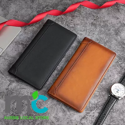 100% Genuine Leather Men's Wallet RFID Blocking Card Holder Bifold  Long Wallet • $24.99