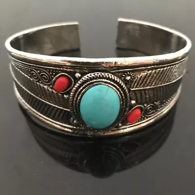 Turquoise Silver Cuff Bracelet Southwestern Coral Mens Mans Western Coral Red • $30.24