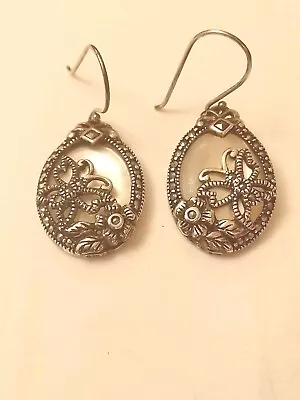 Sterling Silver Butterfly Marcasite Mother Of Pearl Hook Dangle Earrings 6.8g • £19.99