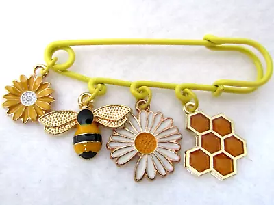 Yellow Safetypin/kilt Brooch With Bee-flower Theme Enamel Charms- New- • £2.99