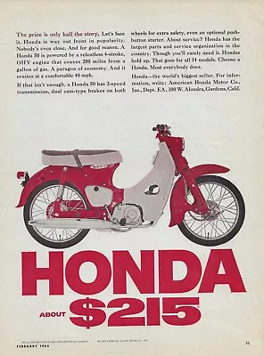 1965 Honda 50 Motorcycle Ad Vintage Magazine Advertisement 4 Stroke 3 Speed Red • $5