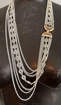 Vintage Designer MONET White Enamel Multi Chain Lacy Long Tiered Necklace 28  • $23.95