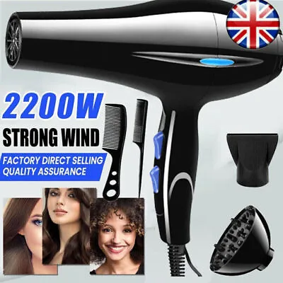 Professional Hair Dryer Nozzle Low Noise 2200W Ionic Blow Dryer With Diffuser UK • £9.49