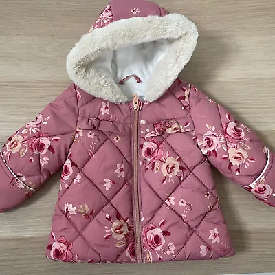 Baby Girl 3-6 Months George Pink Floral Winter Coat Anorak Faux Fur Trim • £12