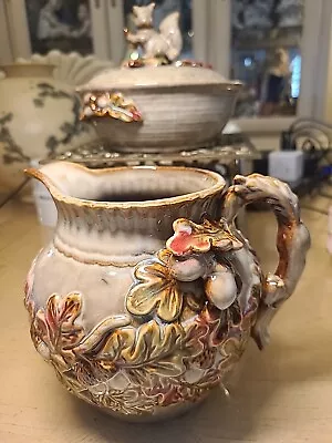 Kaldun Bogle Style Majolica Squirrel & Acorn  Covered Bowl And Pitcher • $55