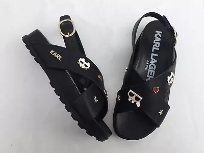 KARL LAGERFELD Women’s Black Buckle Sandals With Logo Charms Size 8 Shoes • $75