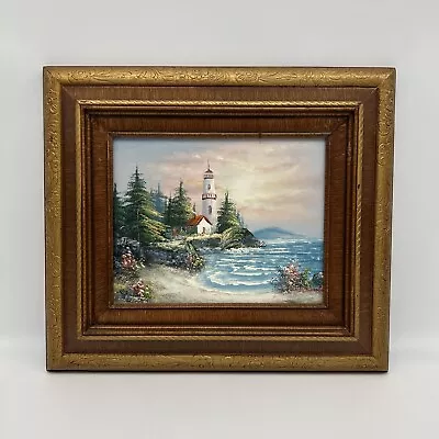 Seascape Painting Oil On Canvas By B Nesla Lighthouse Beach Ocean 16x14 Framed • $29.97