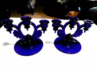 New Martinsville Rare Pair IMoondrops Cobalt Blue Three Lite Candlestick Holders • $265