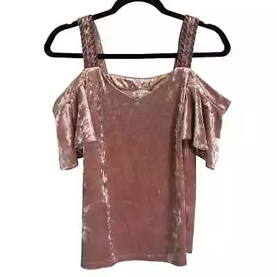 Lucky Brand Pink Crushed Velvet Cold Shoulder Top Embroidered Straps - Size XS • $25