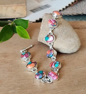 Pink Oyster Copper Turquoise Gemstone 925 Sterling Silver Women Bracelet MO+1021 • $15.66