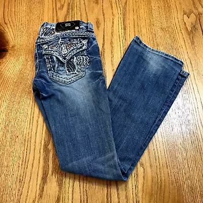 Miss Me Women's Signature Denim Jeans Low Rise Boot Blue Embroidered Size 24 • $20