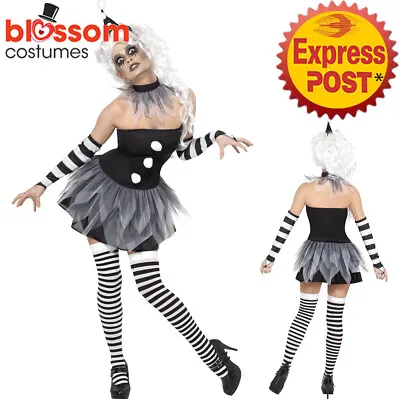 CA424 Ladies Sinister Pierrot Circus Clown Jester Halloween Fancy Dress Costume • $26.95
