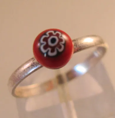 Vintage Italian Millefiori Glass Bead Sterling Silver Ring Sz 5.5 Red White Blue • $24.99