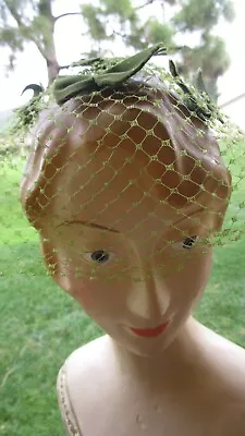 DELICATE VINTAGE OLIVE GREEN VEIL-NET HAT ~ 6 VELVET BOW ADORNMENTS ~St.Patty's! • $12.99