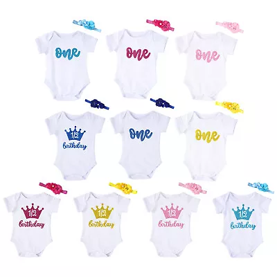 Baby Boy Girl 1st Birthday Outfit Cute Romper+Flower Headband Set Party Clothes • $19.57