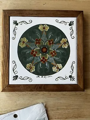 Framed Hand Painted Signed Ceramic Norwegian Rosemaling Tile Trivet - M D Larson • $11.90