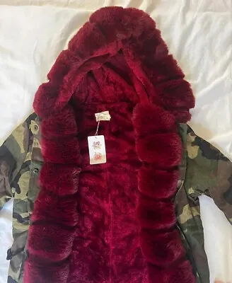 Aofur Women Green Military Camouflage Faux Fur Parka Coat Jacket Size L • $60