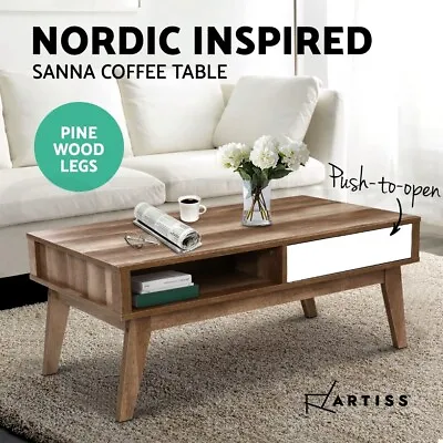 Artiss Coffee Table Storage Tables 2 Drawers Shelf Scandinavian Wooden White • $84.95